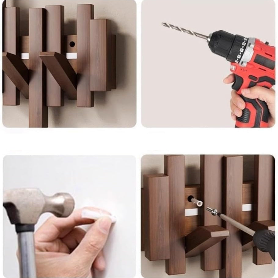 Wandkapstok met Magnetische Opvouwhaken - Scandinavisch Design - 4 tot 10 Haken - Modern Essenhout of Walnoot - Ruimtebesparend Hallway Organizer - Sleutellochophanging | Sansoti