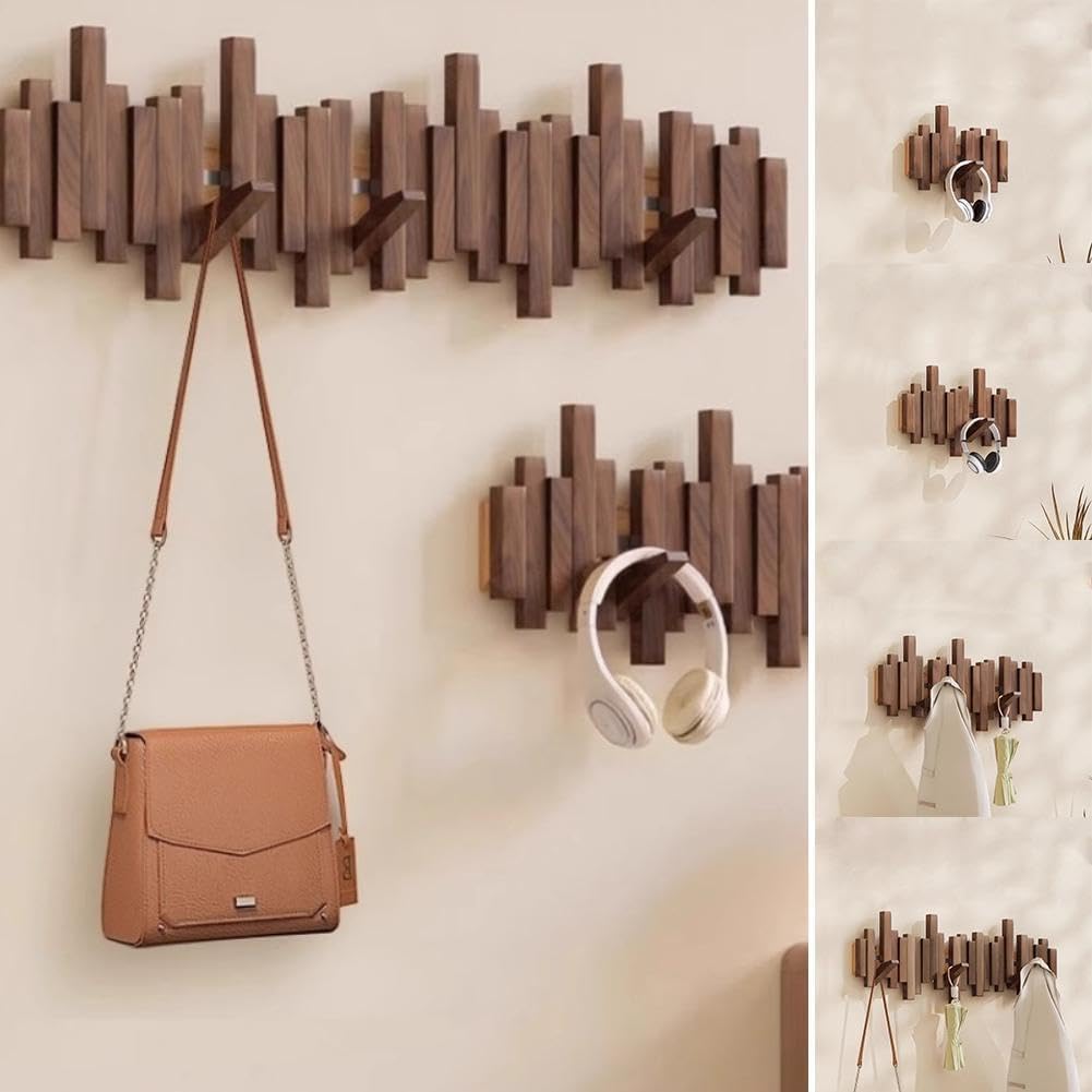 Wandkapstok met Magnetische Opvouwhaken - Scandinavisch Design - 4 tot 10 Haken - Modern Essenhout of Walnoot - Ruimtebesparend Hallway Organizer - Sleutellochophanging | Sansoti