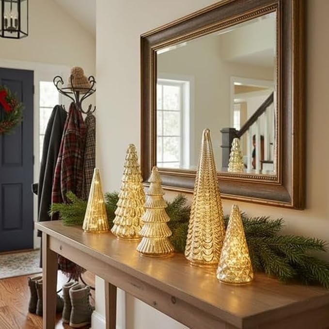 Verlichte Kerstbomen Set 5 Stuks LED Warm Wit Timer Glazen Look Feestelijke Kerstdecoratie Goud Zilver Sfeer | Sansoti
