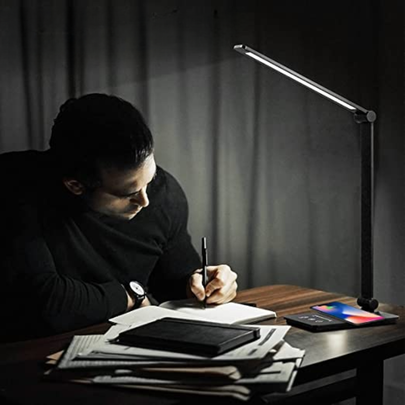Bureaulamp met Draadloze Oplader Zwart – Dimbaar Leeslicht Touch Bediening 5 Lichtmodi Flexibele Arm | Sansoti