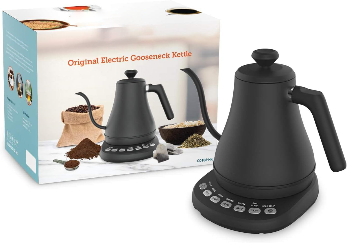 Electric Gooseneck Kettle 0.8L Stainless Steel Black with Precise Temperature Control for Perfect Tea & Coffee | Sansoti