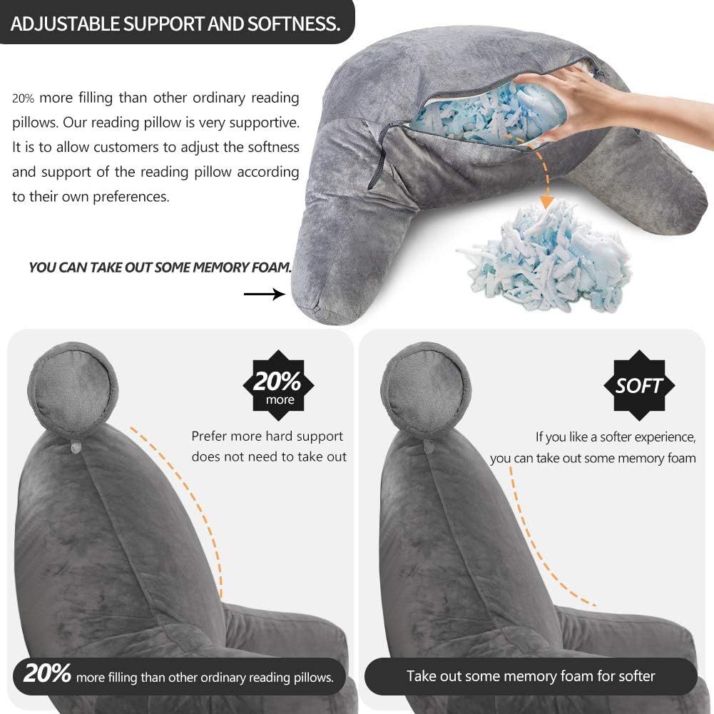Coussin de lecture ergonomique avec accoudoirs 75x45cm en velours, réglable, pour lit et canapé, soutien du dos, confort et détente | Sansoti