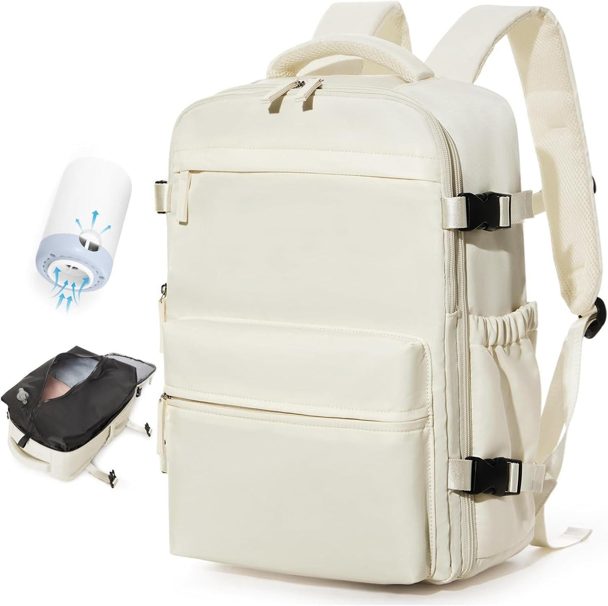 Kompressions-Reiserucksack mit Vakuumpumpe 42x28x15cm, wasserdicht, Oxford, Laptopfach 17 Zoll, Schwarz Beige Grau | Sansoti