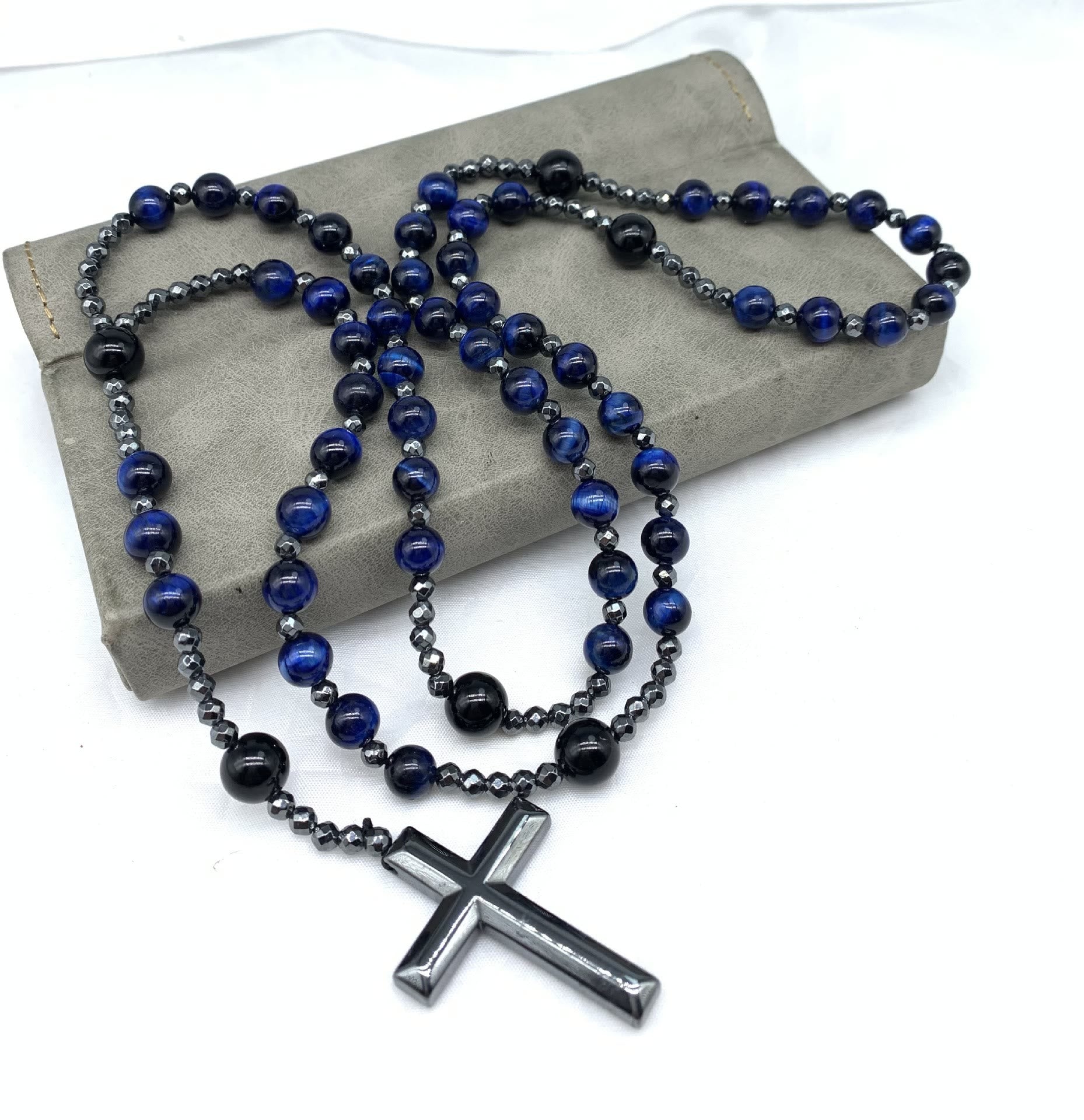 Natuursteen Rozenkrans Ketting met Kruis Hanger voor Mannen Zwart Blauw Groen Grijs | Sansoti