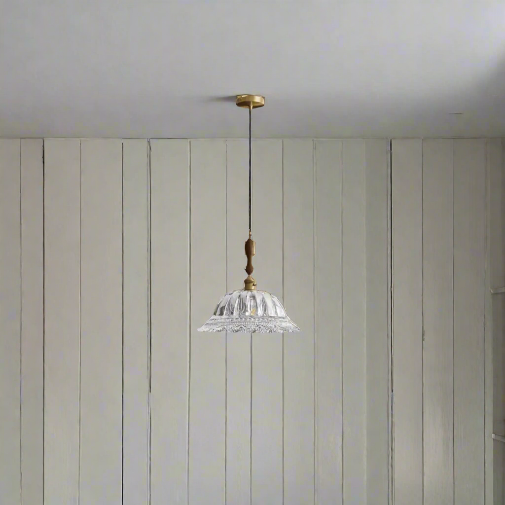Suspension en noyer avec verre et laiton Éclairage d'ambiance pour salle à manger cuisine salon Style Vintage Rétro | Sansoti