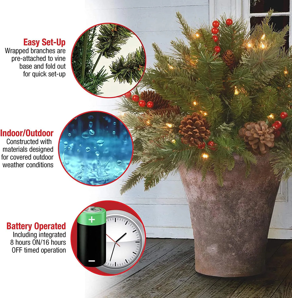 Beleuchteter Weihnachtsspray mit Tannenzapfen und Beeren für Urne, Vase, Eingangsbereich, Dekoration, künstlichen Weihnachtsbaum und die Feiertage | Sansoti
