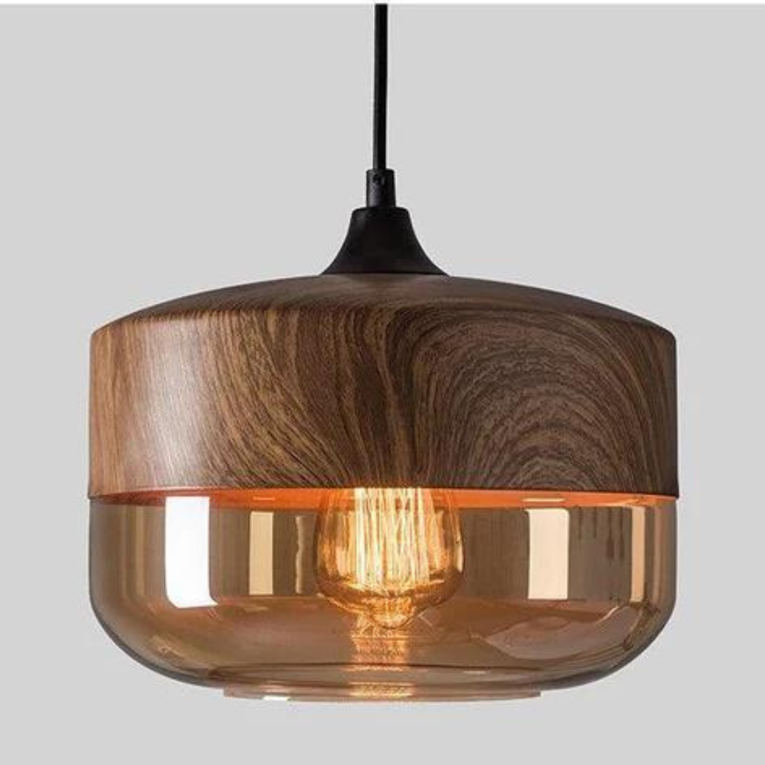 Scandinavische Hanglamp met Glazen Kap – Dimbaar Plafondlicht met Houtafwerking | Sansoti