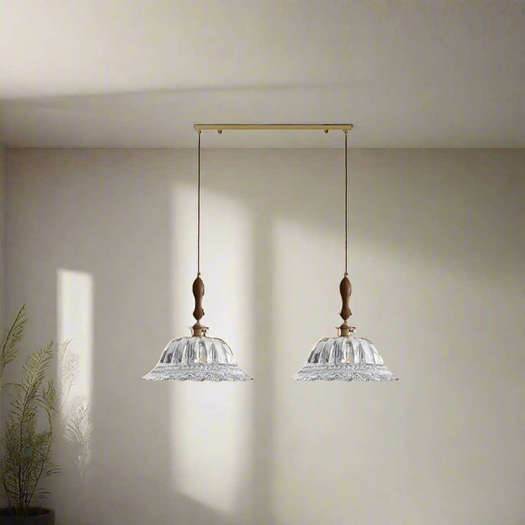 Suspension en noyer avec verre et laiton Éclairage d'ambiance pour salle à manger cuisine salon Style Vintage Rétro | Sansoti