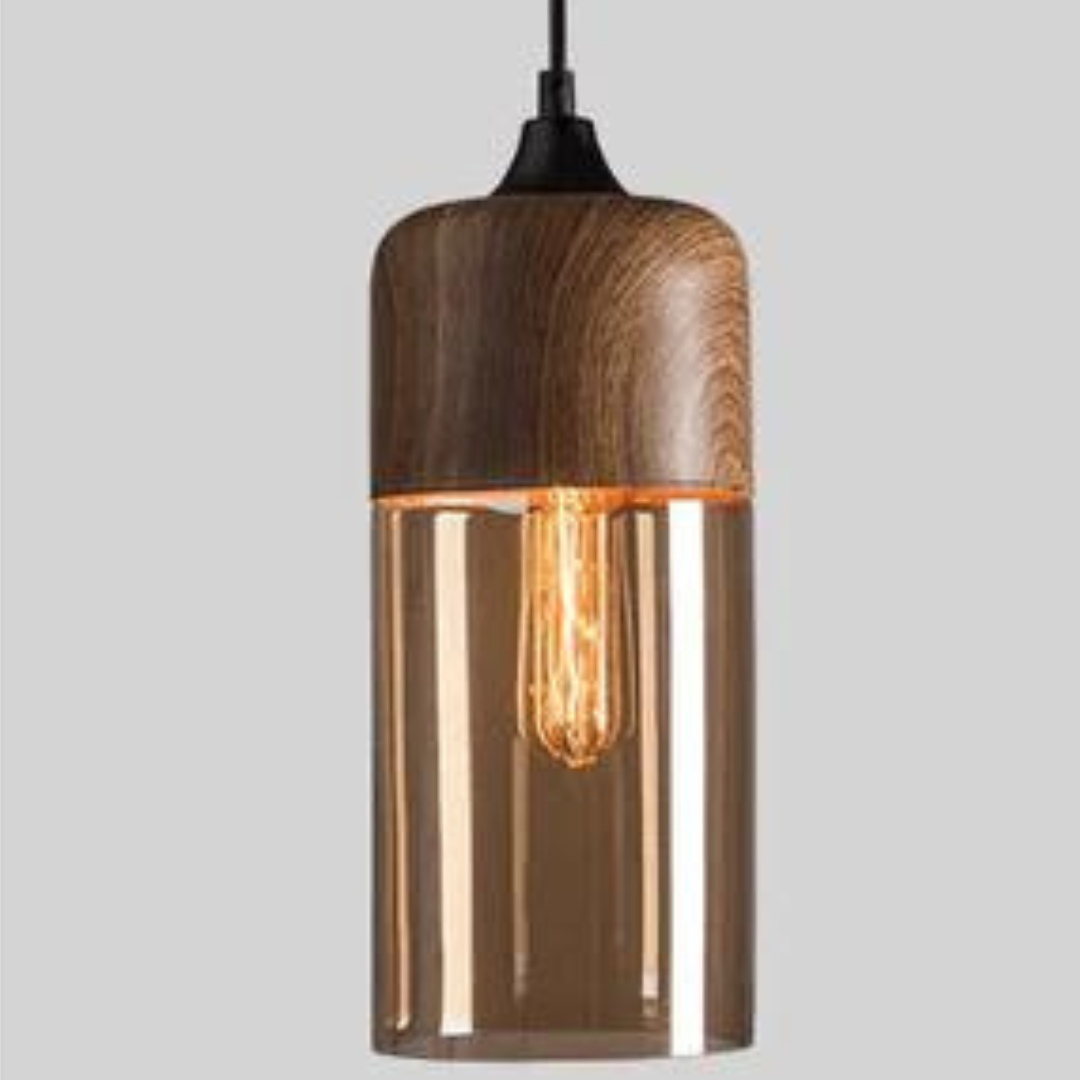 Scandinavische Hanglamp met Glazen Kap – Dimbaar Plafondlicht met Houtafwerking | Sansoti