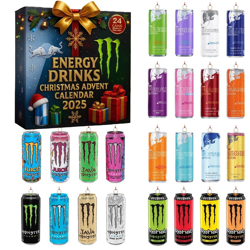 Adventskalender Miniatuur Energy Drink Blikjes 24 Dagen Decoratief Verzamelitem Feestdagen Advent 2025 | Sansoti