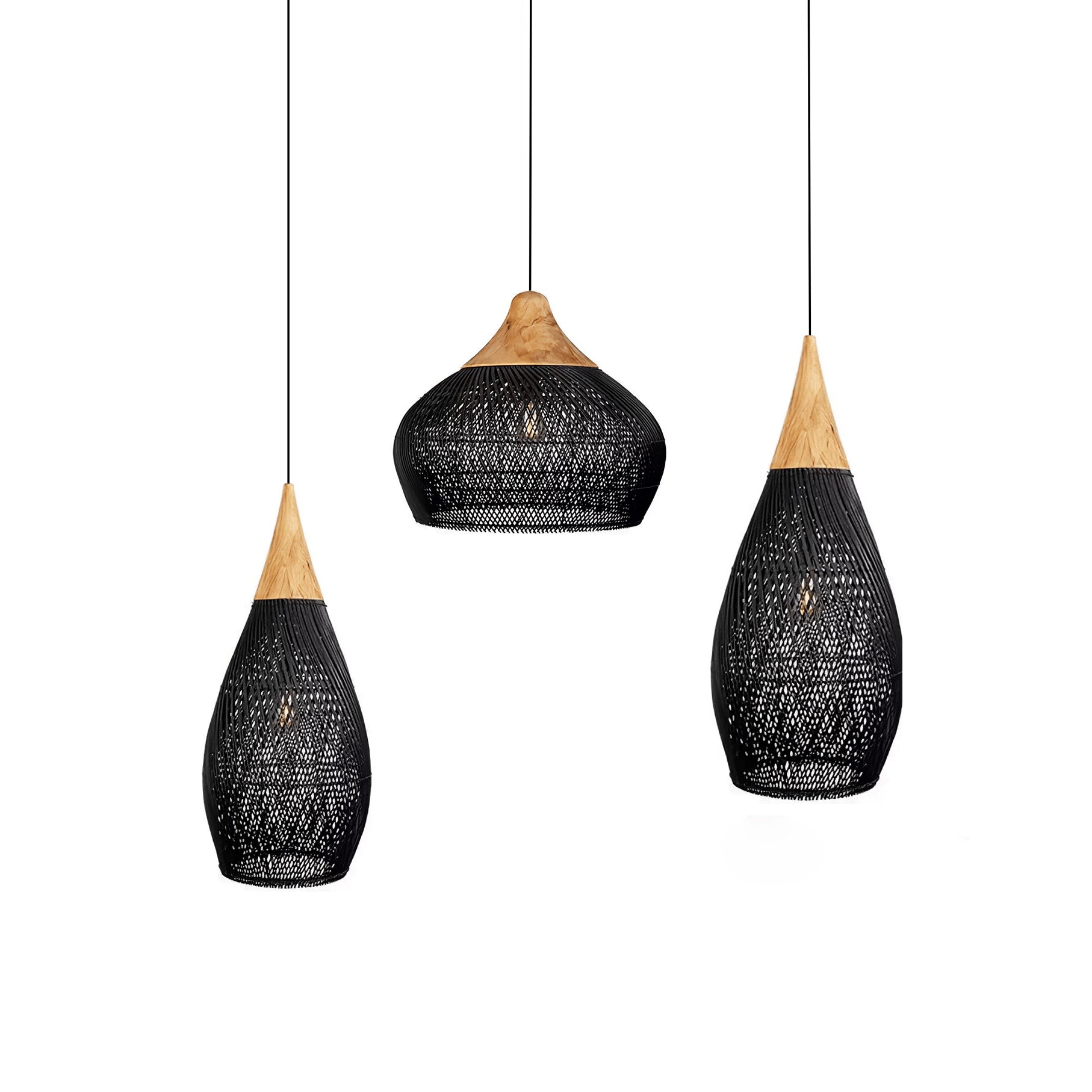 Handgevlochten Rotan Hanglamp – Javaanse Vlechtkunst in 4 Vormen & 3 Maten – Naturel of Zwart Rotan – E26/E27 Fitting – Scandinavisch Woonlicht | Sansoti