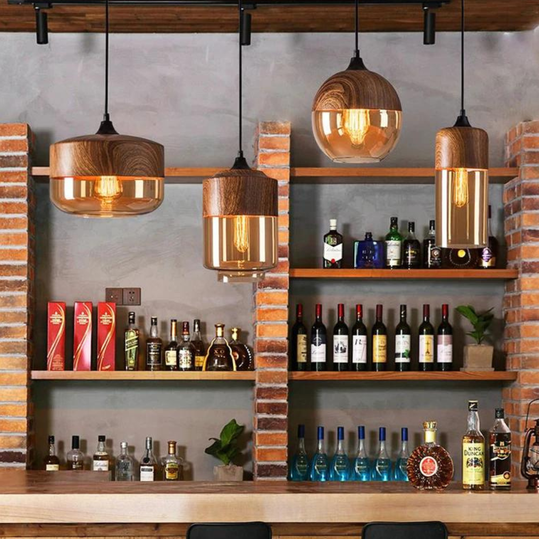 Scandinavische Hanglamp met Glazen Kap – Dimbaar Plafondlicht met Houtafwerking | Sansoti