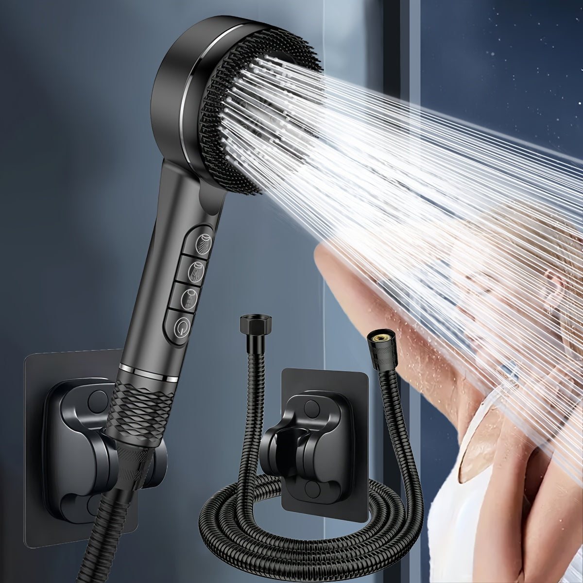 High-Pressure Handheld Showerhead 5 Spray Modes Black Silver Adjustable Holder with Hose for Bathroom Wellness | Sansoti