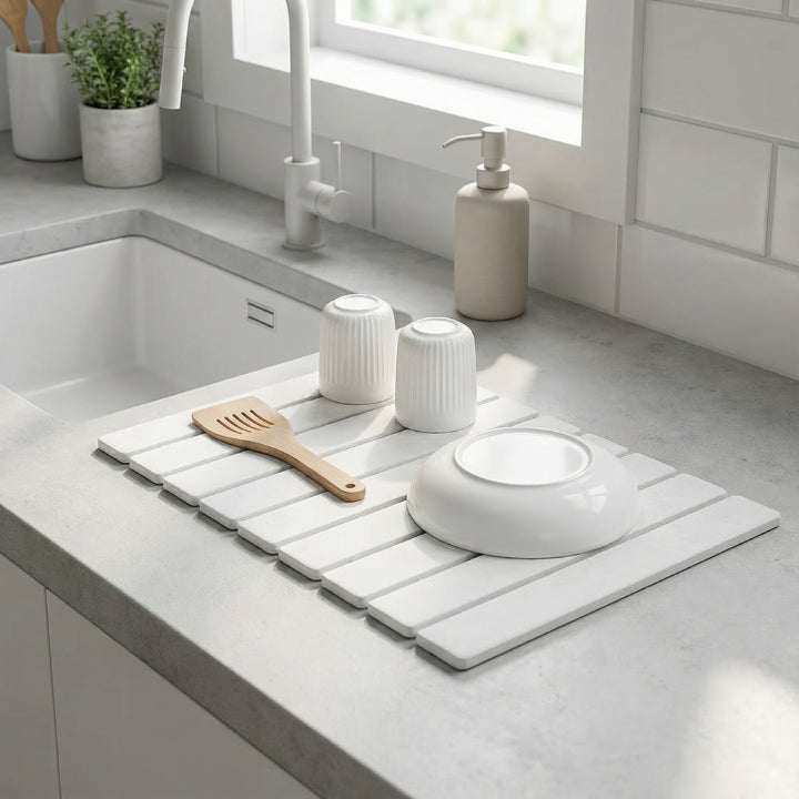 Droogmat van Diatomeeënaarde Opvouwbaar Wit Grijs Keuken Sneldrogend Afdruipmat voor Servies Glas Afdruiprek Waterabsorberend Natuursteen Werkbladmat | Sansoti