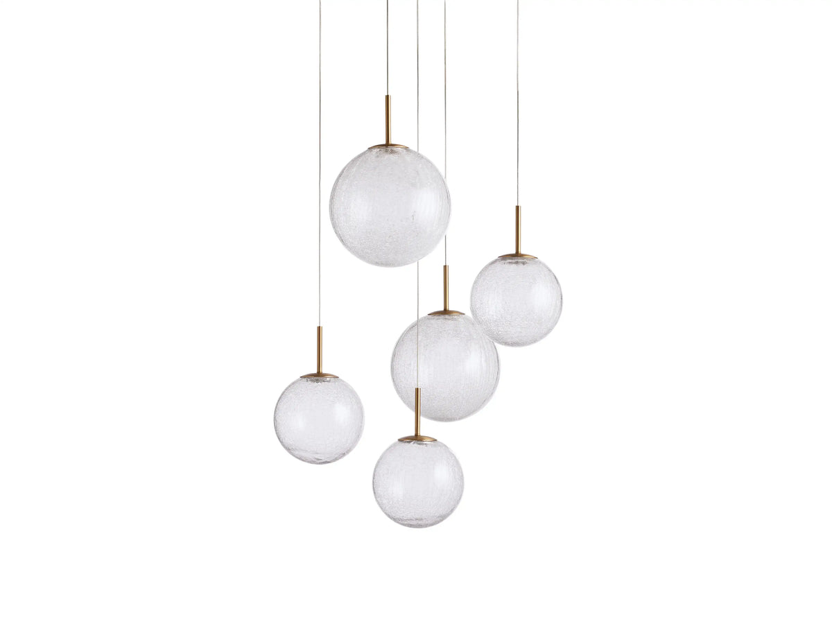 Suspension ronde à boules en verre, laiton et verre craquelé, réglable pour pièces à hauts plafonds, lustre LED | Sansoti