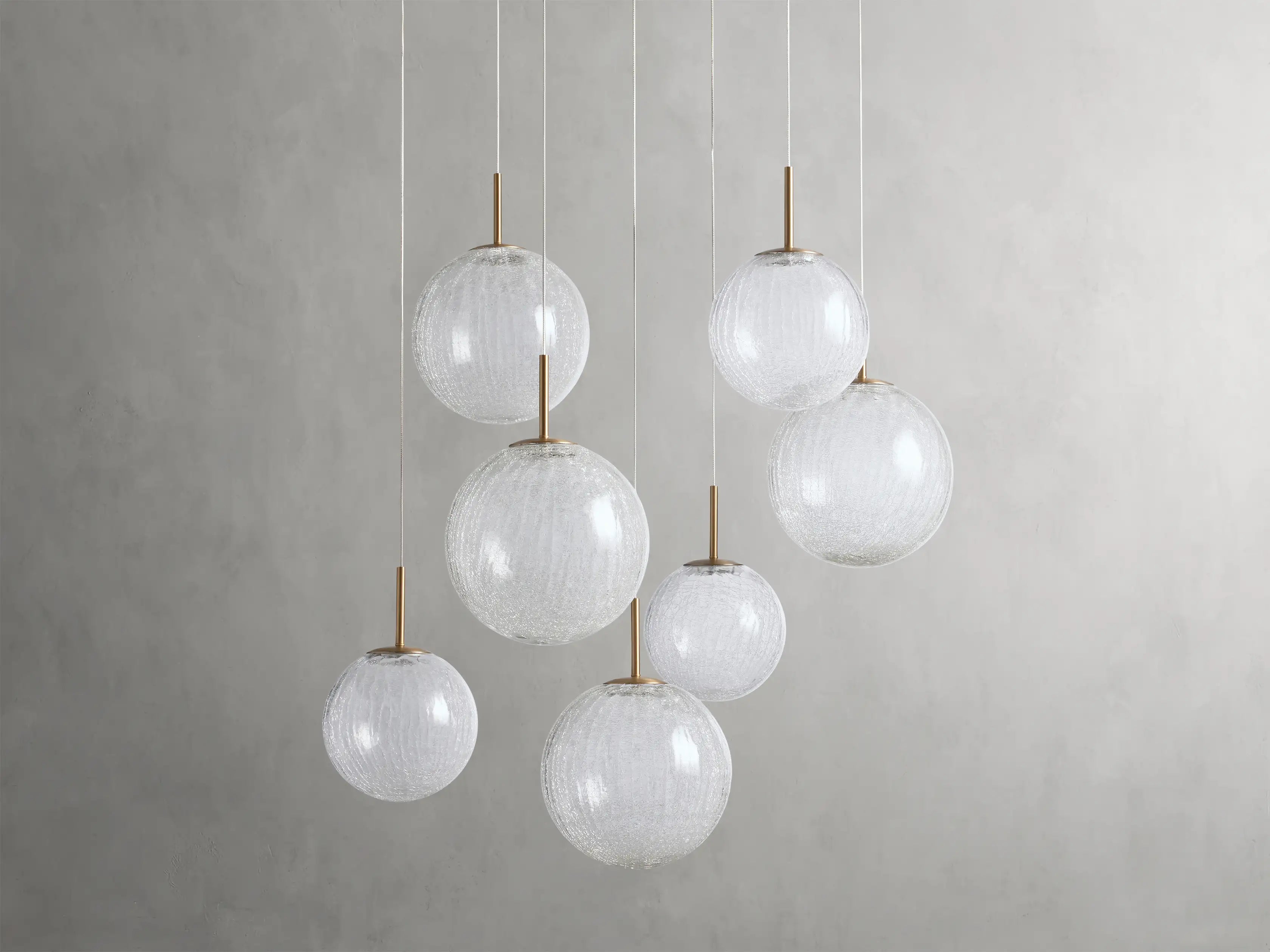 Suspension ronde à boules en verre, laiton et verre craquelé, réglable pour pièces à hauts plafonds, lustre LED | Sansoti