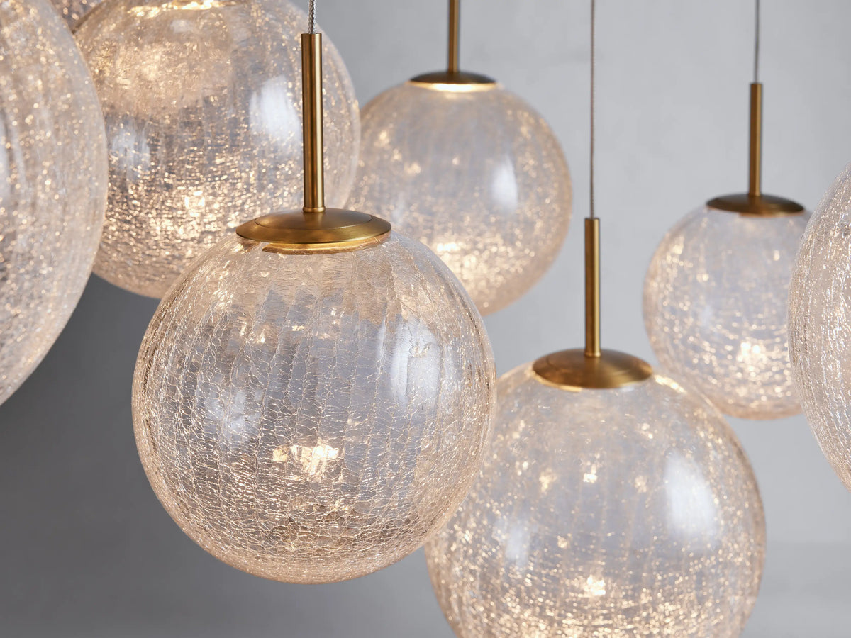Suspension ronde à boules en verre, laiton et verre craquelé, réglable pour pièces à hauts plafonds, lustre LED | Sansoti