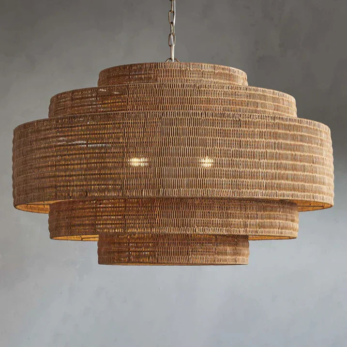 Lustre en rotin tressé, structure en fer à plusieurs niveaux, hauteur réglable, suspension pour éclairage de salle à manger et de salon | Sansoti