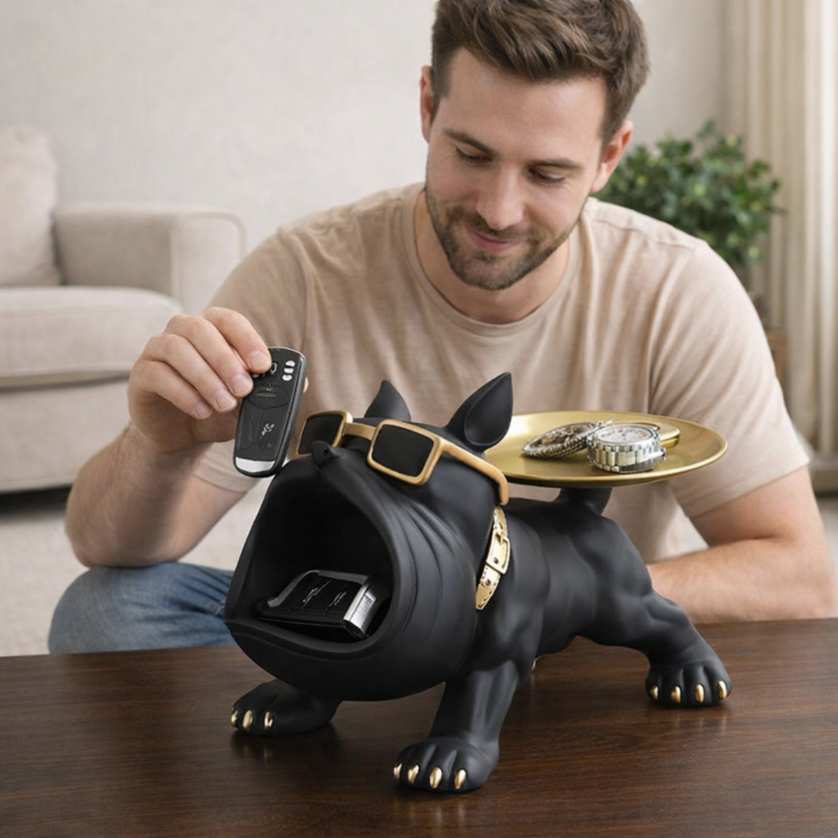 Decorative Bulldog Statue with Storage Space - Resin Organizer for Desk or Living Room, Dog Sculpture Decoration Accessory | Sansoti