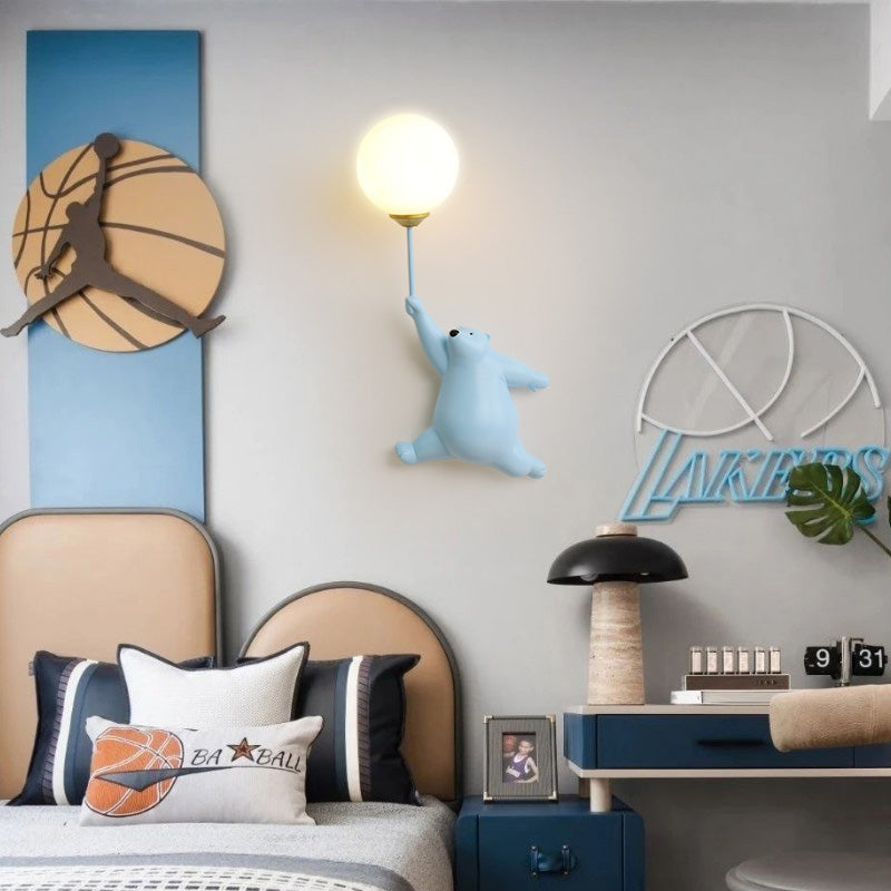 Bear-Shaped Wall Lamp with LED Balloon, Acrylic, White Blue Pink, for Children's Room, Bedroom, Nursery, Reading Lamp | Sansoti