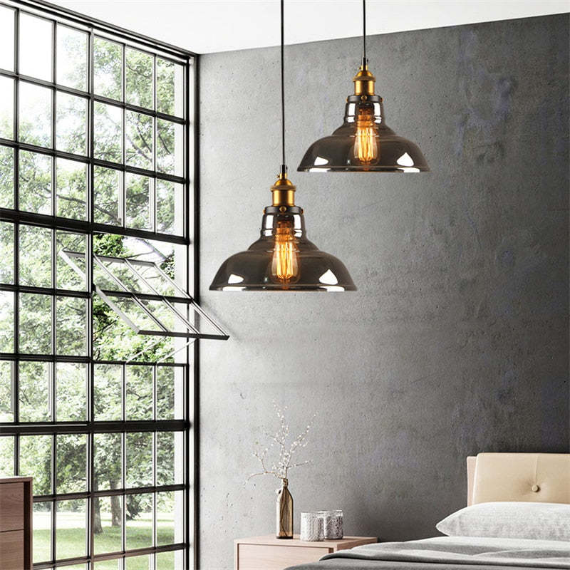 Industriële Glazen Hanglamp Metaal E27 Verstelbaar Snoer Transparant Amber Rookgrijs Binnenverlichting | Sansoti