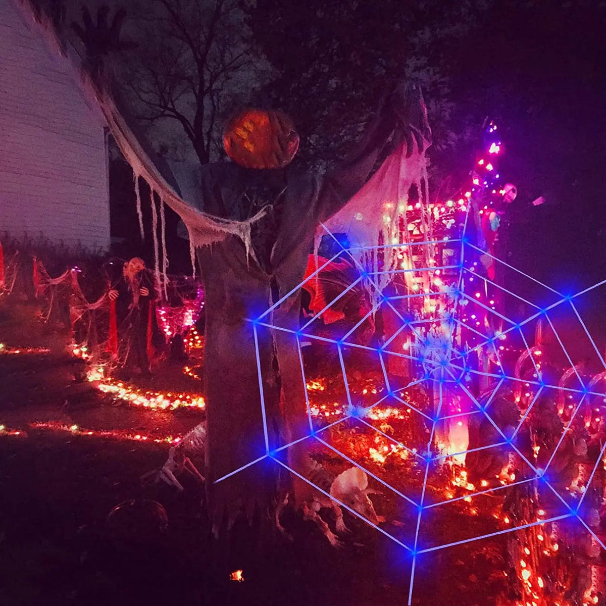 Gigantisch Spinnenweb met LED Paarse Verlichting 360 cm Diameter Halloween Decoratie Binnen Buiten Feest | Sansoti