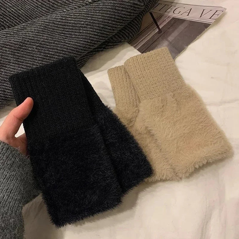 Fingerless gloves plush women's winter warm typing phone touchscreen one size comfortable soft | Sansoti