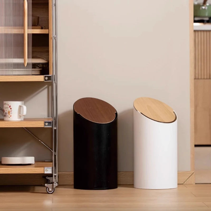 Japandi Trash Bin with Swing Lid – Walnut-Colored Wooden Finish and Minimalist Design – 9L Swing Trash Bin for Bathroom and Office | Sansoti
