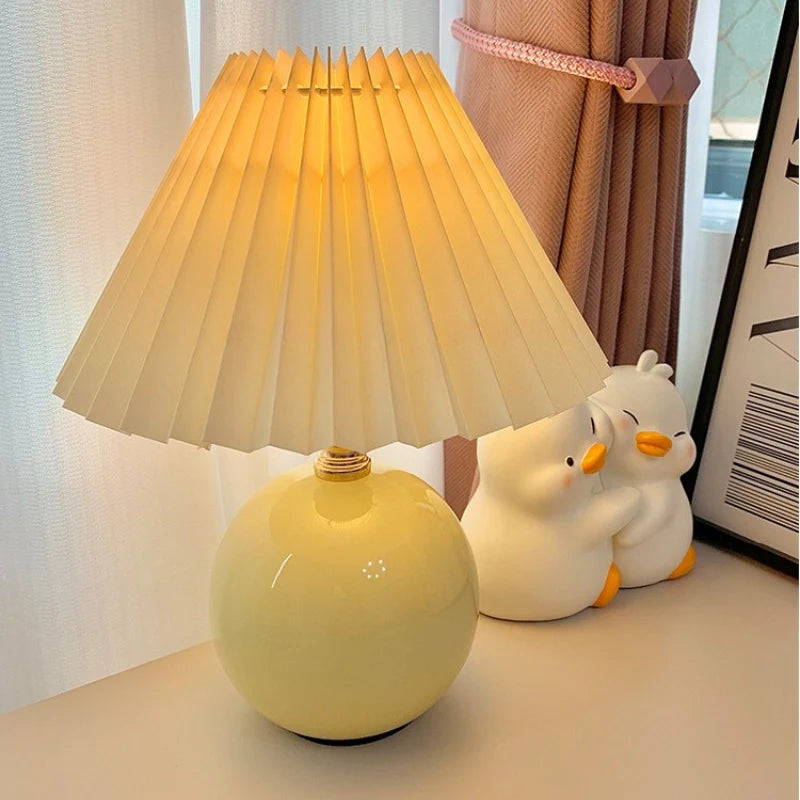 Ceramic Table Lamp with Pleated Shade – Japanese Style Lighting White Pink Beige for Bedroom Living Room Office | Sansoti