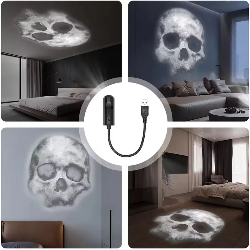 USB-Schädelprojektorlampe – Drehende Geistermuster-LED-Nachtlampe für gruselige Atmosphäre, Halloween-Dekoration | Sansoti