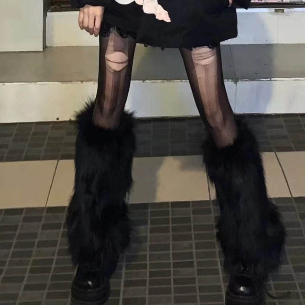 Fluffy Faux Fur Leg Warmers Black Winter Low Over Boots Harajuku Cosplay Accessory Streetwear Fashion | Sansoti