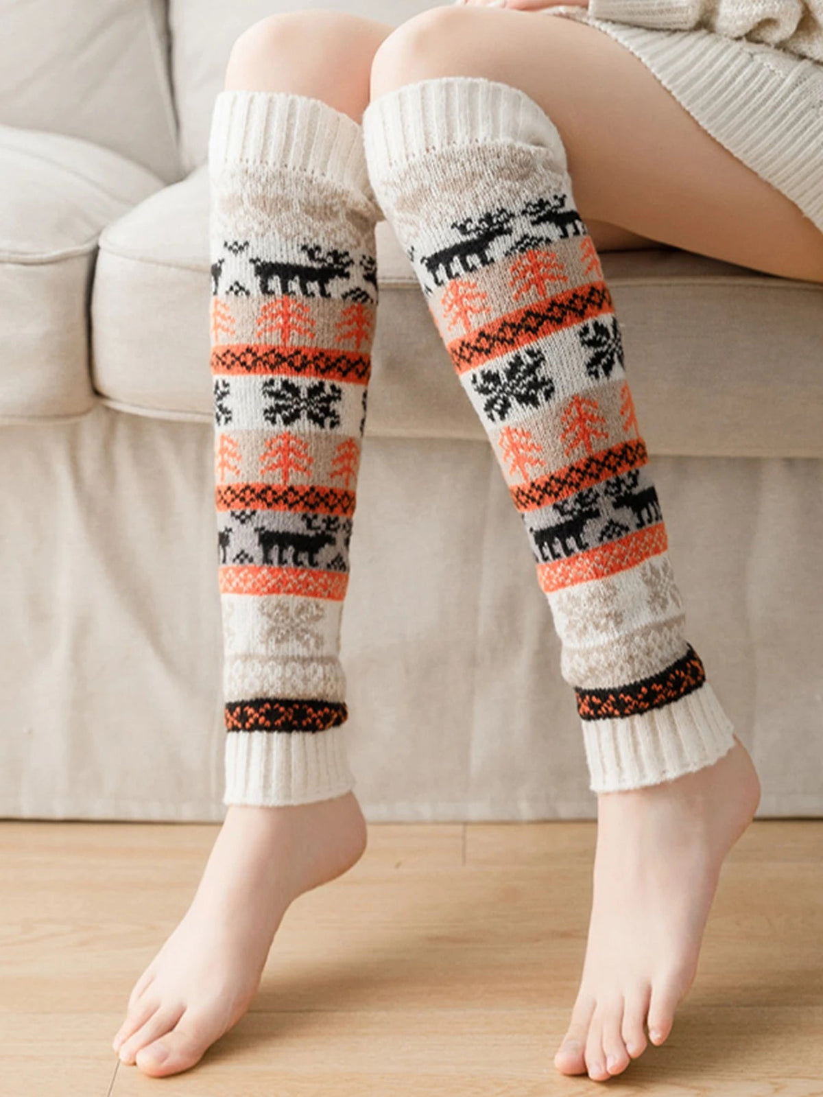 Knitted Leg Warmers for Women Winter Acrylic Long 43cm Snowflake Pattern Flexible Comfortable Warm Cozy | Sansoti