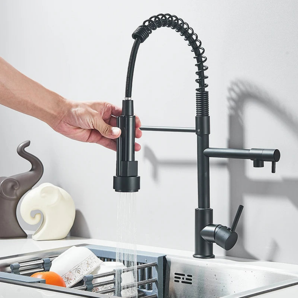 Robinet de cuisine extensible chromé à bec orientable, eau chaude et froide, douchette flexible, mitigeur de cuisine | Sansoti