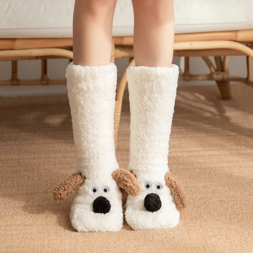 Plush house socks with dog motif for warm feet and legs, women's winter non-slip comfort socks, house socks | Sansoti