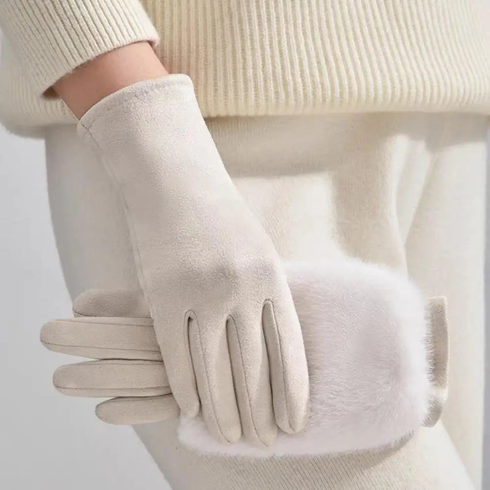 Suede Winter Gloves with Rabbit Fur Touchscreen Fingers Warm Unisex Elegant Gloves for Women and Men | Sansoti