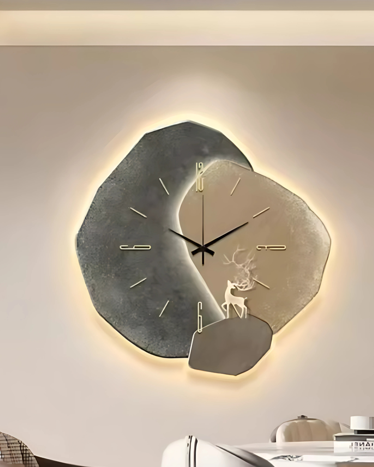 Wandklok met Maanreliëf en Optionele Verlichting Zwart Goud Betonlook Scandinavisch Interieur Decoratief Tijdweergave Woonkamer Slaapkamer Kantoor Modern Minimalistisch Wanddecoratie | Sansoti