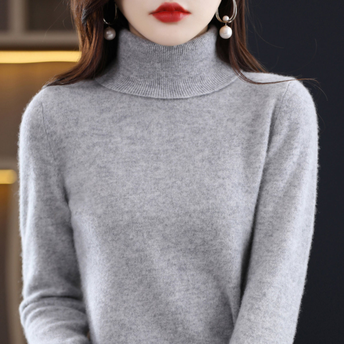 Jersey de cachemira de punto con cuello alto para mujer Negro Blanco Gris Rosa Lila Rojo Azul Marrón Básico elegante de otoño e invierno | Sansoti