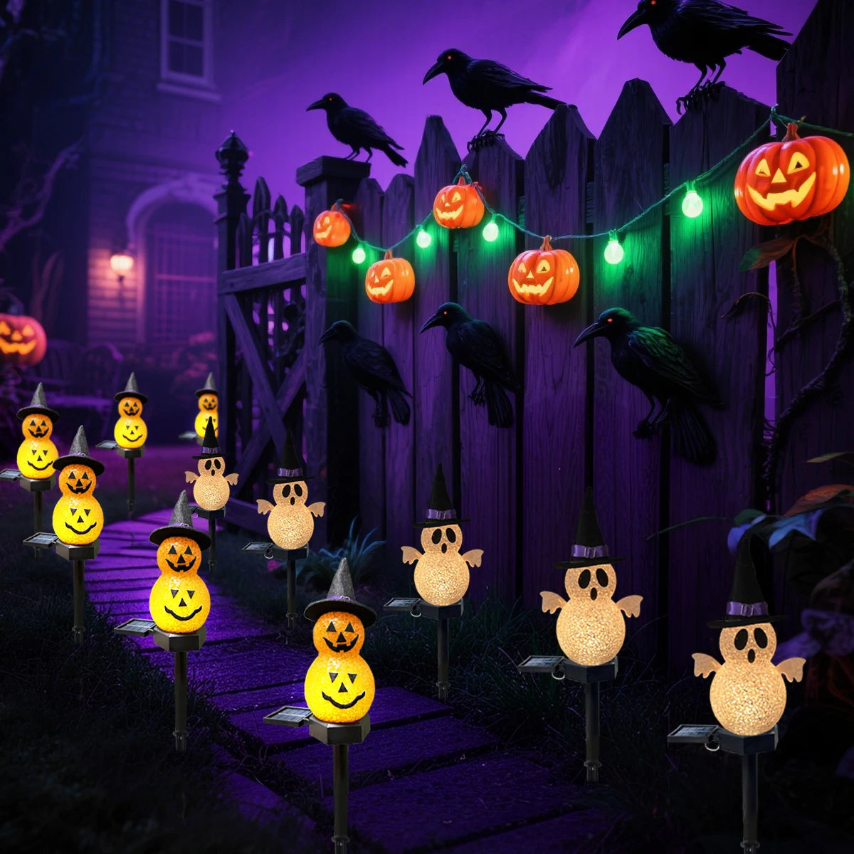 Solarny lampion ogrodowy z dynią lub duchem 3D, 44 cm, halloweenowe oświetlenie nastrojowe, dekoracyjne oświetlenie zewnętrzne | Sansoti