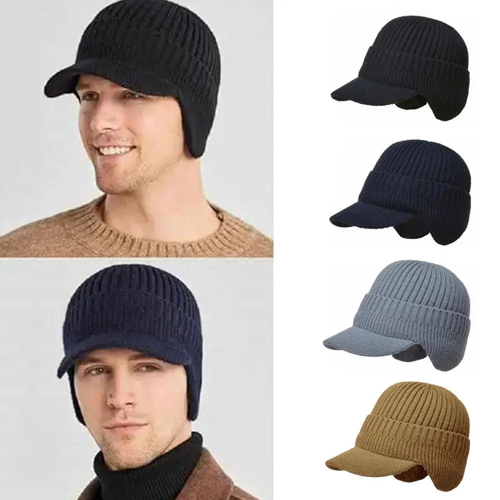 Knitted Winter Hat with Earmuffs for Men Soft Lined Interior Warm Headwear with Visor Winter | Sansoti