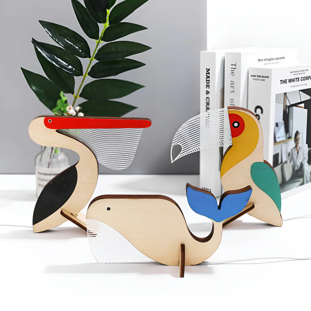 Houten Dierenlamp LED Tafellamp Warm Licht Nordic Design Sfeerlamp Toekan Pelikaan Walvis Kinderkamer Decoratie | Sansoti