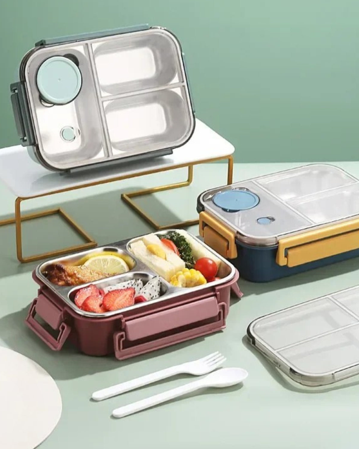 Geïsoleerde Lunchbox met Compartimenten - Warmhoudbakje voor Onderweg Groen Rood Blauw 2 of 3 Vakken - Premium Maaltijdcontainer Werk School Picknick | Sansoti