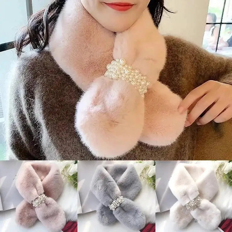 Winter Scarf Faux Fur Pearl Detail Women's Cross-Style Warm Neck Scarf Elegant Winter Fashion Accessory | Sansoti