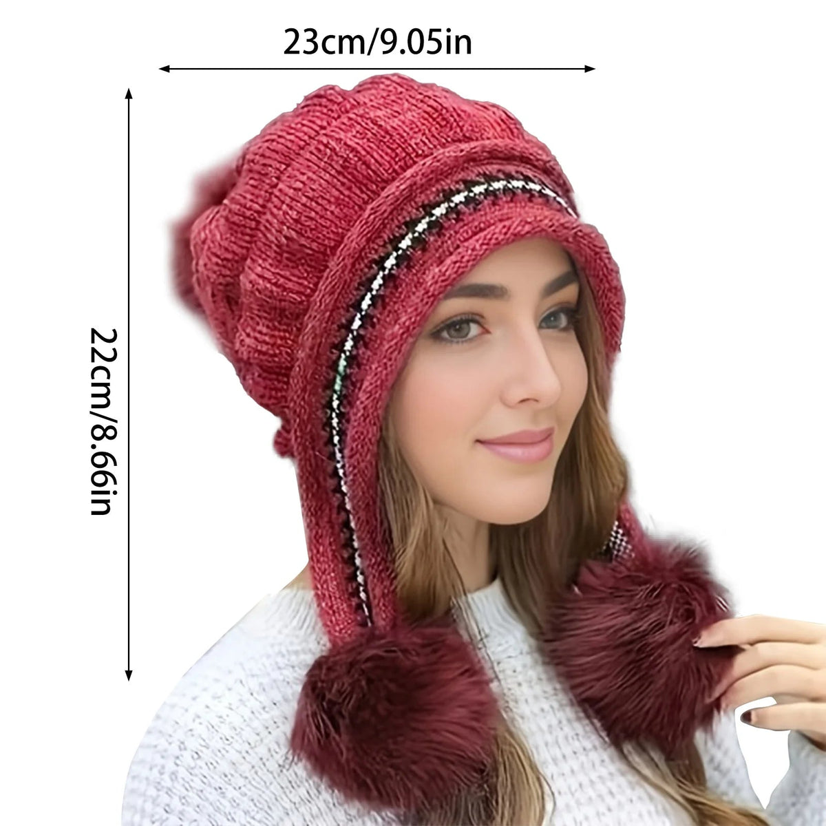 Lined Winter Hat with Faux Fur Pom-Pom and Ear Flaps, Knitted Beanie Ski Hat, Warm Women's Headwear | Sansoti