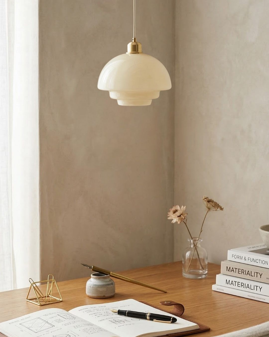 TINA Hanglamp – Mid-Century Melkwit Glas met Geborsteld Messing | Moderne Eetkamer & Keukenverlichting | Verstelbaar | E27 Fitting | Sansoti