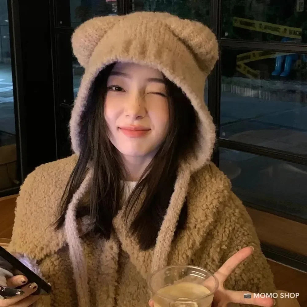 Knitted hooded hat with bear ears wool women's winter warm knitted tie band one size comfortable | Sansoti