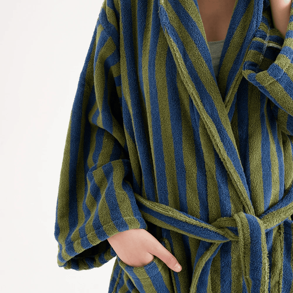 Peignoir en coton biologique Jacquard à rayures Bleu Vert Rétro Peignoir du matin Unisexe Bien-être Spa À la maison | Sansoti