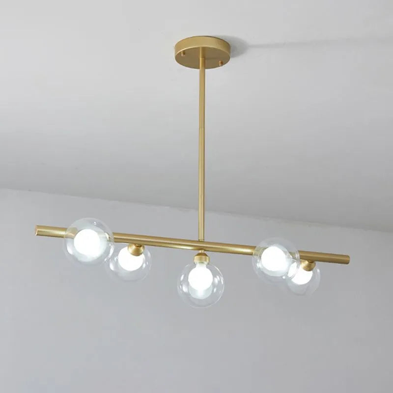 Suspension linéaire en verre bullé, 5 ou 6 points lumineux, noir et doré, salle à manger, îlot de cuisine, style nordique scandinave | Sansoti