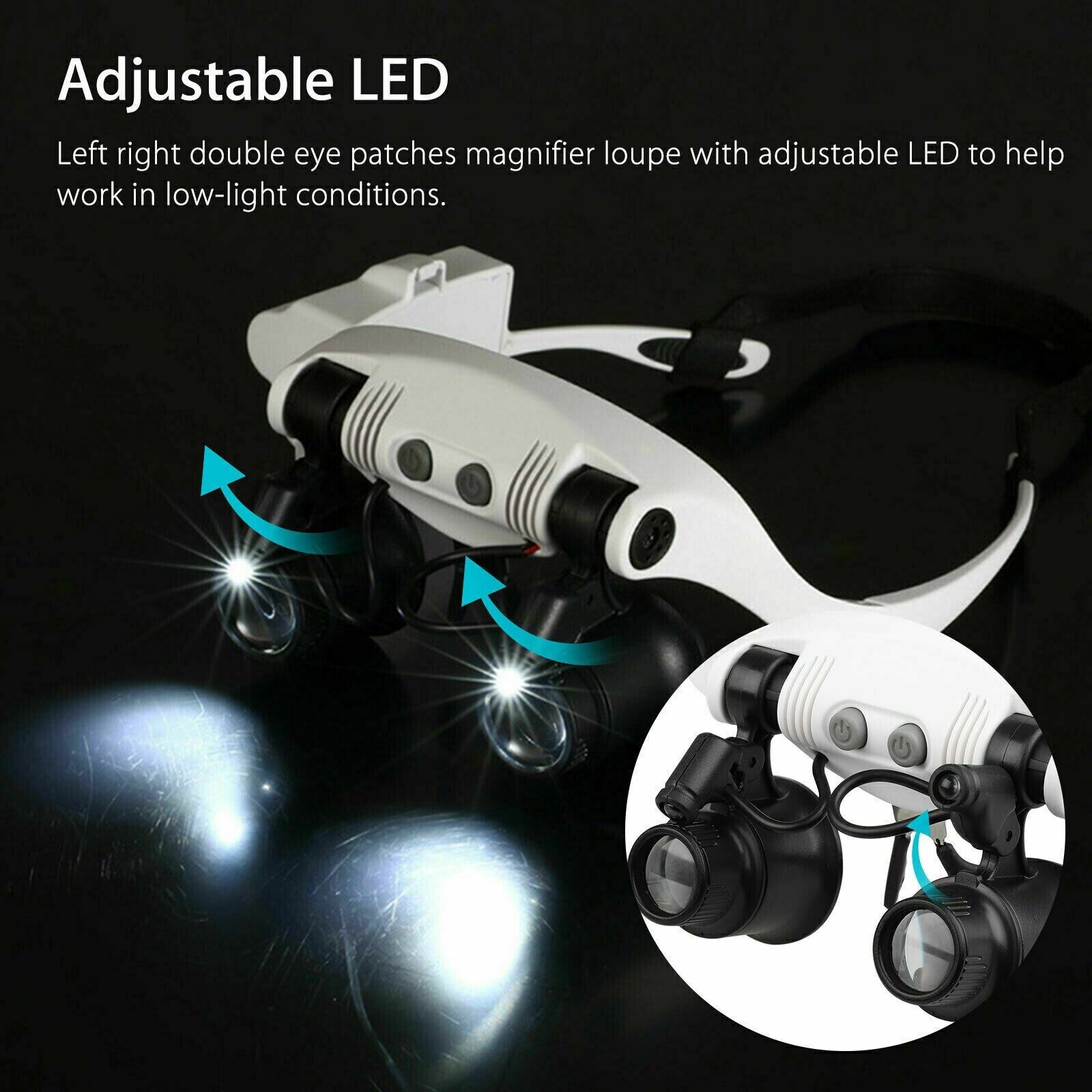 Stirnband-Lupenbrille mit 4 austauschbaren Linsen und LED-Beleuchtung für Präzisionsarbeiten Handarbeiten Lesen Reparaturen | Sansoti