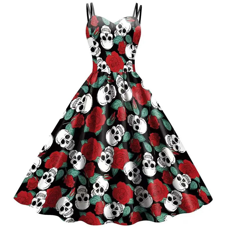 Gotisches Partykleid für Damen mit Skeletten und Rosenprint in Schwarz und Rot für Karneval, Halloween und Kostümpartys | Sansoti