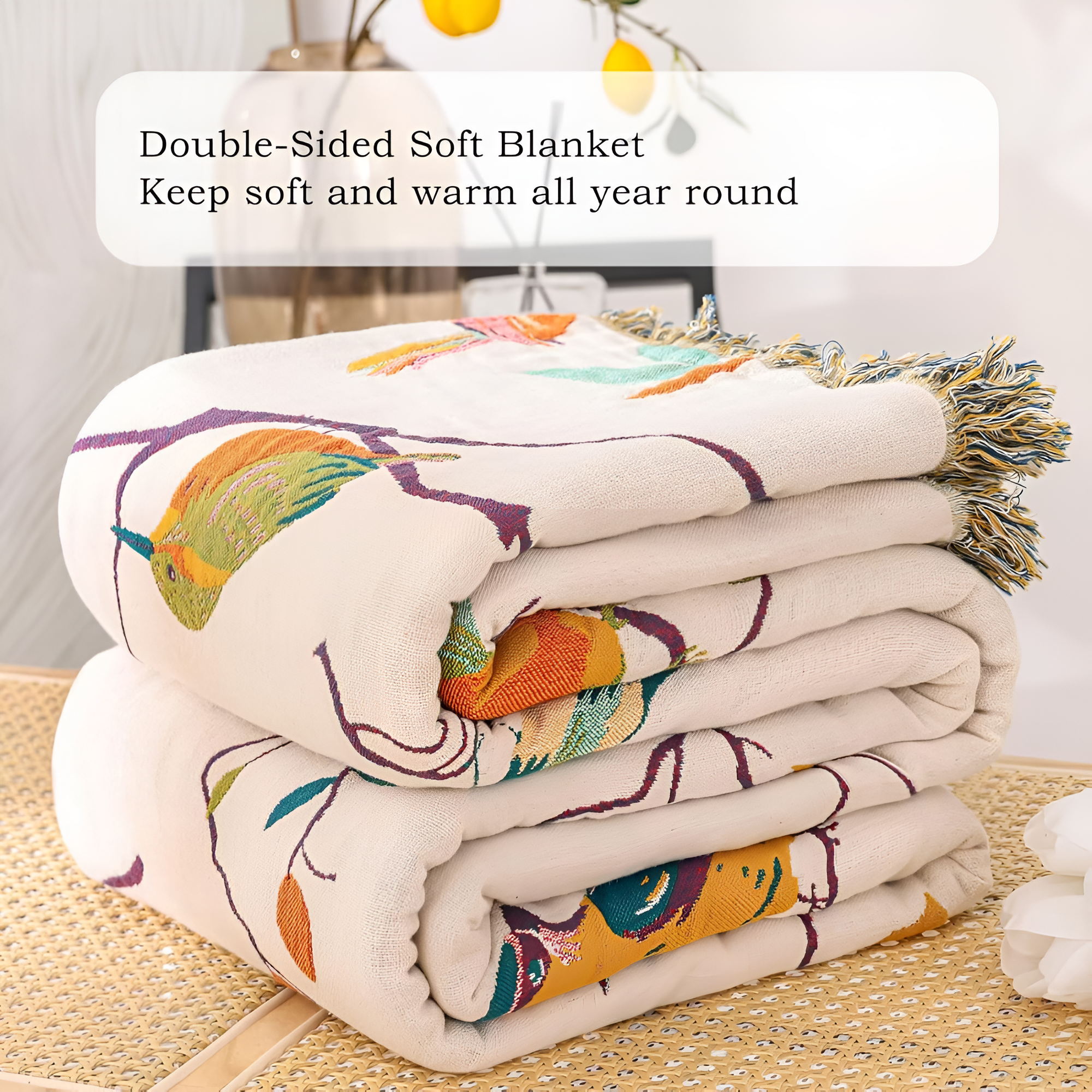 Katoenen Plaid met Vogelmotief en Kwastjes – Vintage Boho Stijl Deken voor Bank, Bed of Picknick | Sansoti